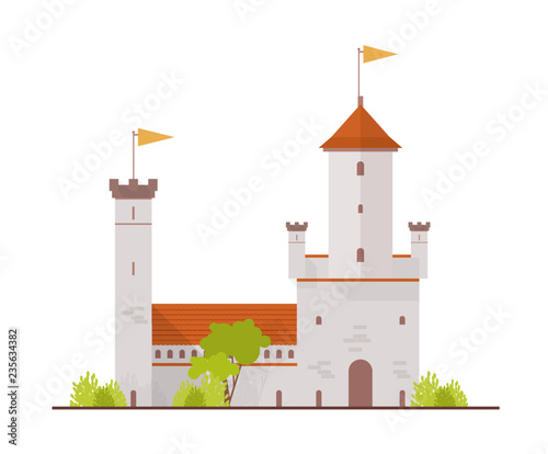 Medieval fortress, fairytale castle, citadel with towers and gate isolated on white background