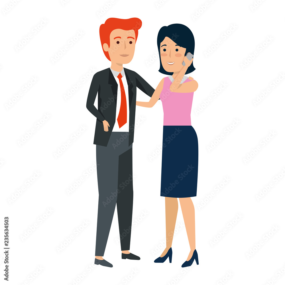 business couple with smartphone avatars characters business couple with smartphone avatars characters