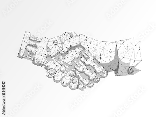 Business human and robot hands shake. Polygonal space low poly with connecting dots and lines. Future wireframe concept. Connection structure. Vector science illustration on white background