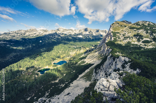 View of Triglav National Park and the Valley of Triglav Lakes. Mountain alpine landscape, forest, rocks and meadows or pastures. High alpine peaks in background. Vibrant blue sky and clouds.