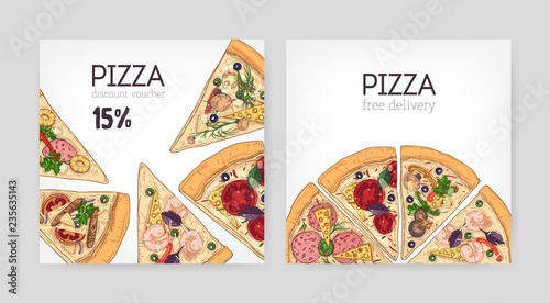 Bundle of square discount voucher templates for Italian restaurant with delicious pizza cut in slices on white background. Colorful realistic vector illustration for advertisement, promotion.