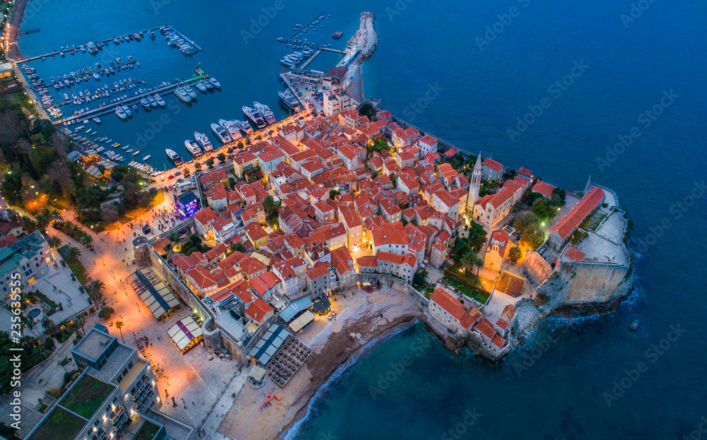 View of the Old Town Budva at night.