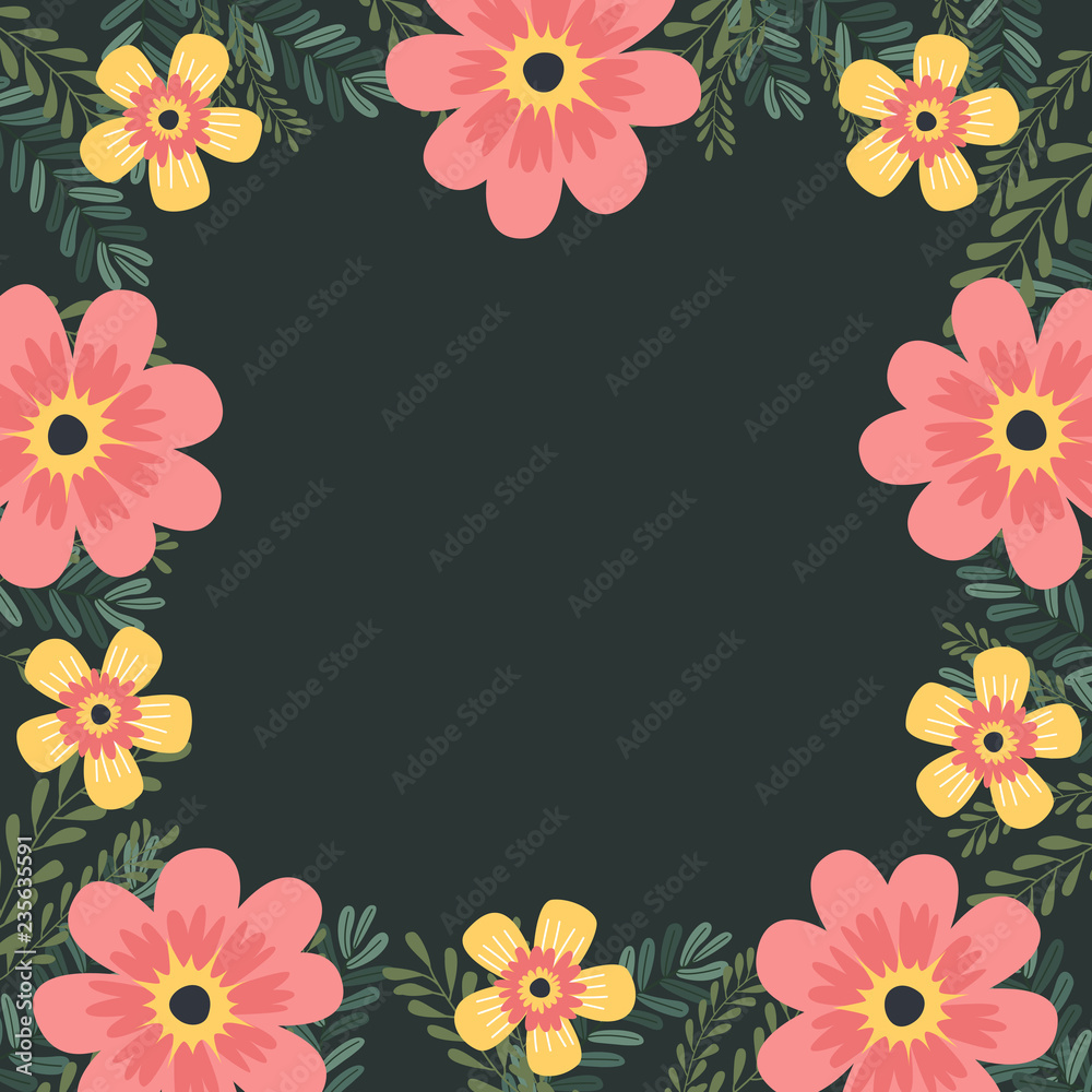Floral greeting card and invitation template for wedding or birthday anniversary, Vector square shape of text box label and frame, Colorful cosmos flowers wreath ivy style with branch and leaves. Floral greeting card and invitation template for wedding or birthday anniversary, Vector square shape of text box label and frame, Colorful cosmos flowers wreath ivy style with branch and leaves.