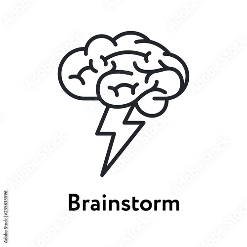 Brainstorm Creative Thinking. Human Brain Lightning Flash Idea. Flat Line Stroke Icon Pictogram