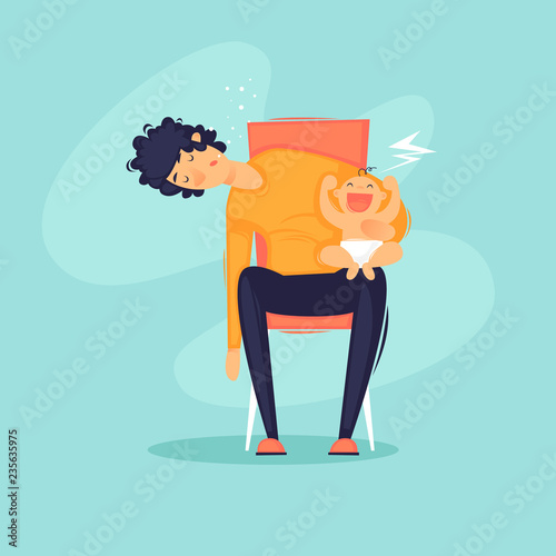 Tired man holding a baby. Flat vector illustration in cartoon style.