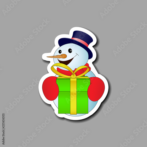 Card with positive cartoon snowman with green gift box on gray background. Vector illustration