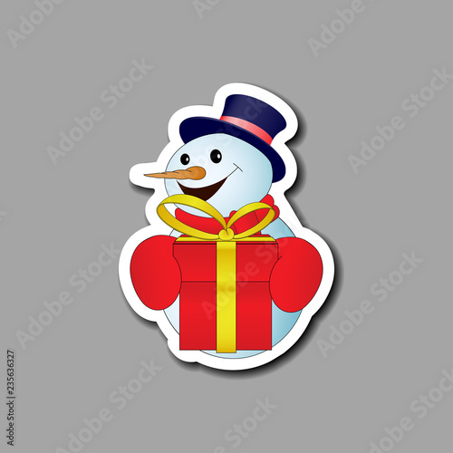 Card with positive cartoon snowman with red gift box on gray background. Vector illustration
