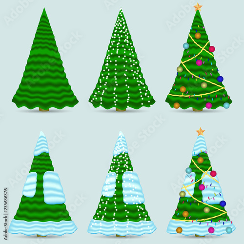Christmas tree in the form of fabric horizontally. With decorations and snow. Vector illustration