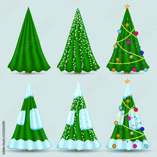 Christmas tree in the form of fabric vertically. With decorations and snow. Vector illustration