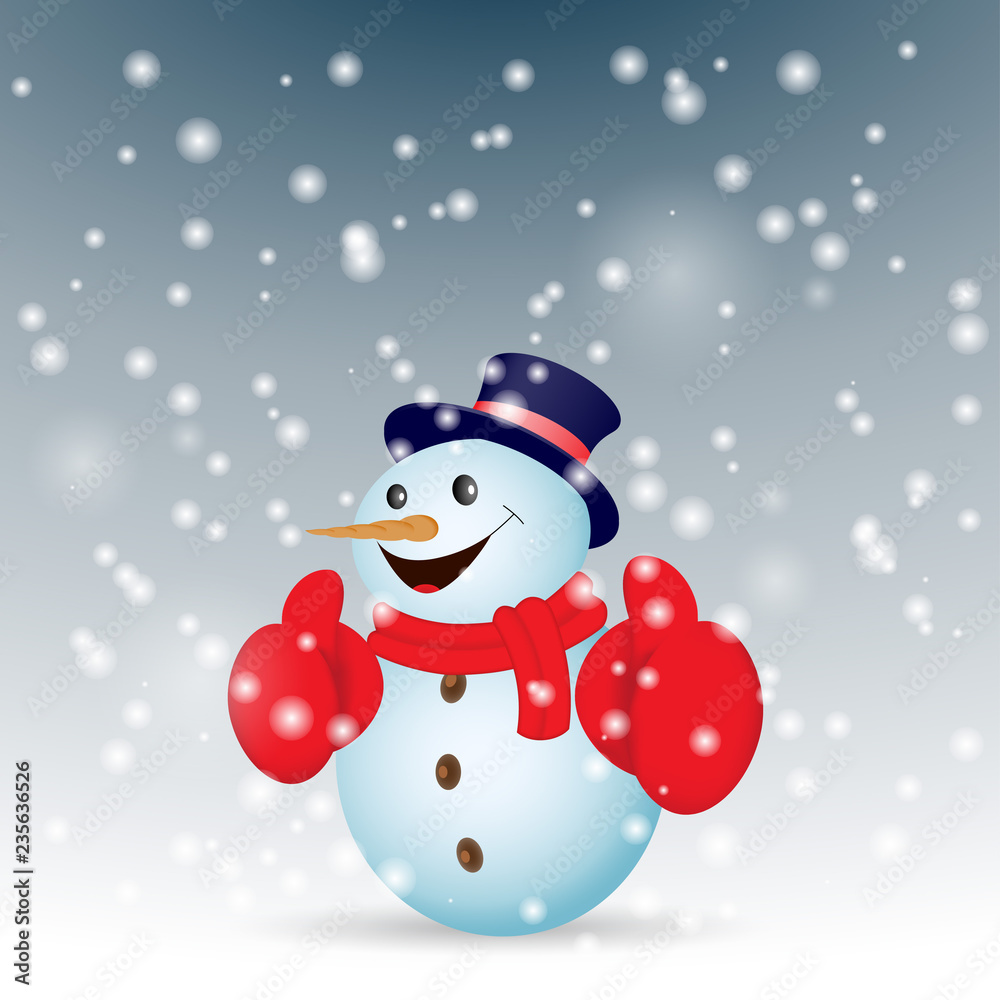 Positive snowman with snow. Vector illustration.