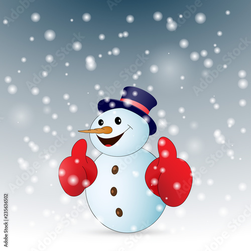 Positive cartoon snowman with snow. Vector illustration.