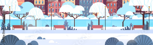 city winter park wooden bench light lamp street house building cityscape background merry christmas happy new year concept flat horizontal