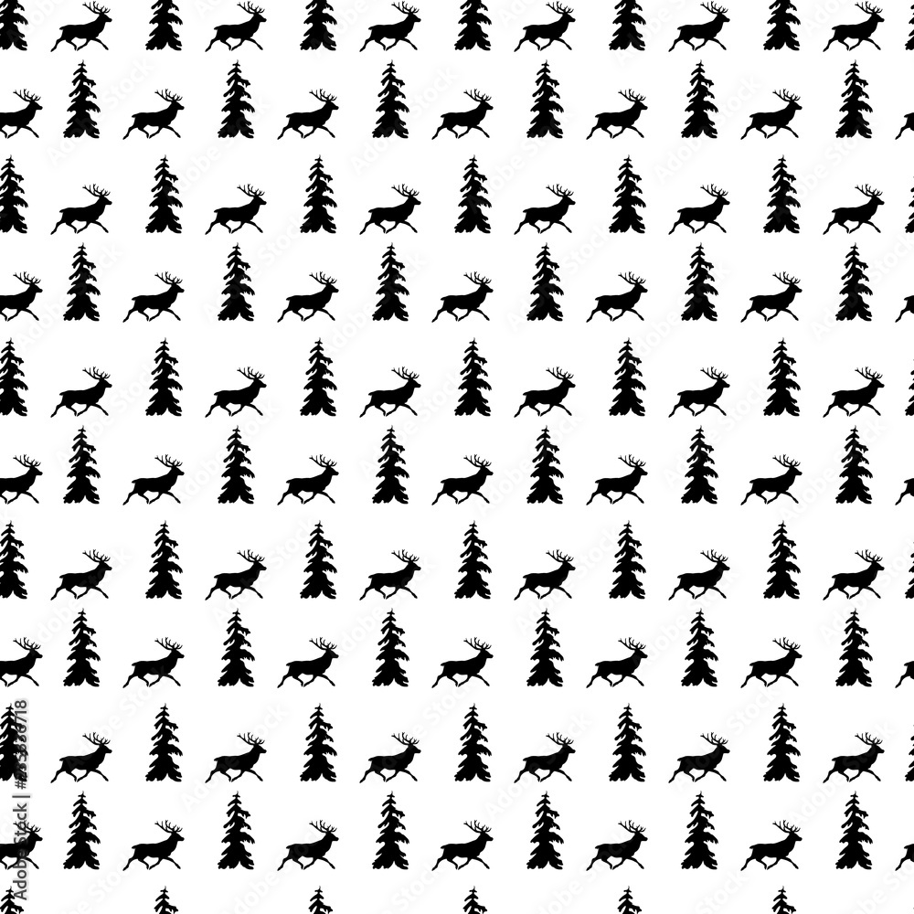 Vector Illustration. Seamless Background with deer and doddle christmas tree. Modern winter design Vector Illustration. Seamless Background with deer and doddle christmas tree. Modern winter design