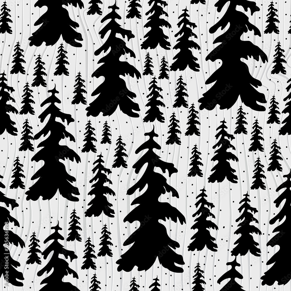 Obraz premium Vector Illustration. Seamless Doodle christmas tree icon. Winter trees poster for design on wood background