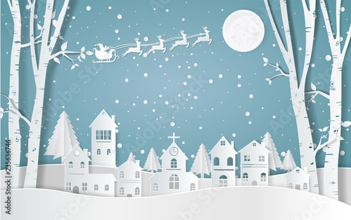 Santa Claus Driving in a Sledge ,winter with homes and snowy paper art . beautiful scenery in the  design  vector