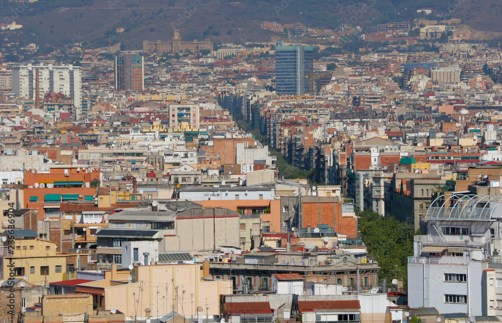 Cityscape view of La Rambla, the pedestrian-lined street in Barcelona, Spain