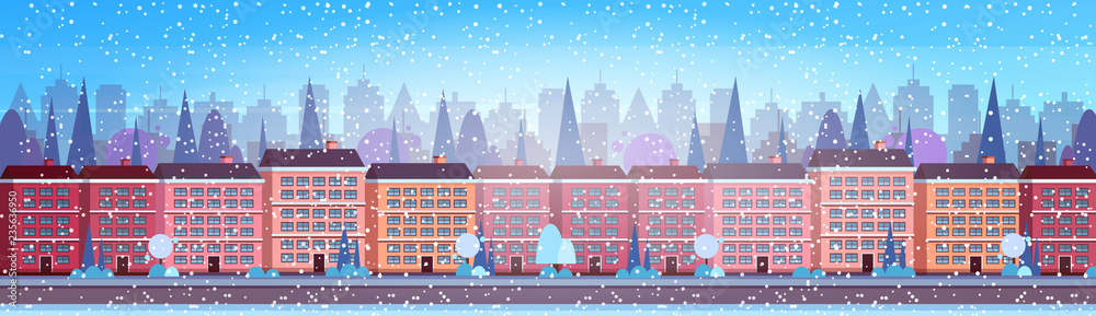 city building houses winter street cityscape background merry christmas happy new year concept flat horizontal flat