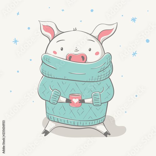 Lovely cute cheerful piggy sits in sweater or jersey with cup and heart.