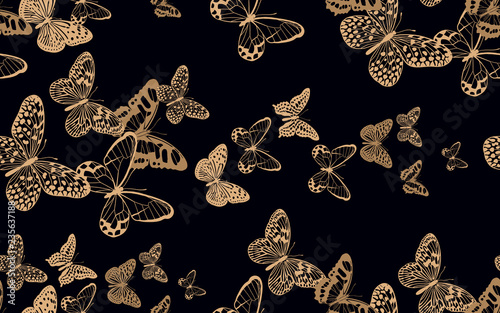 Abstract seamless pattern with gold butterflies on black background