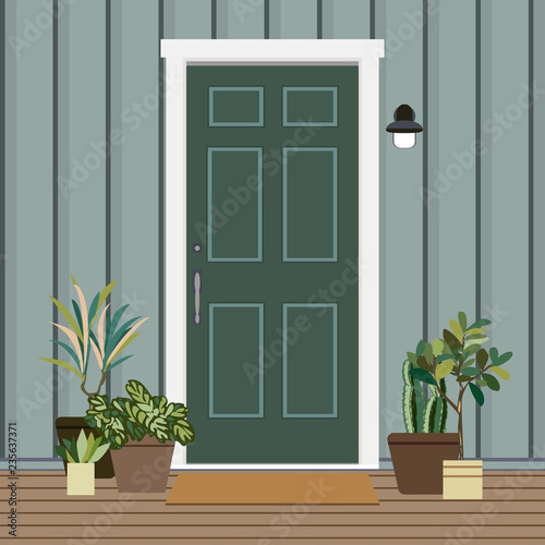 House door front with  plants flat style, building entry facade design illustration vector