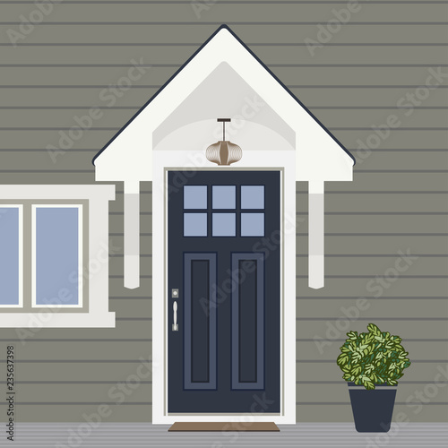 House door front with window and plants flat style, building entry facade design illustration vector