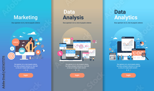 web design template set for marketing data analysis and data analytics concepts different business collection flat copy space