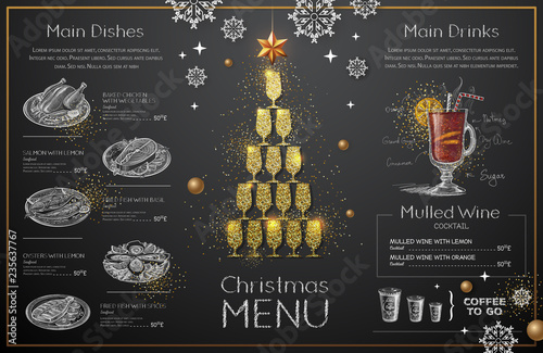Christmas menu design with golden champagne glasses. Restaurant menu. Pyramid of champagne glasses
