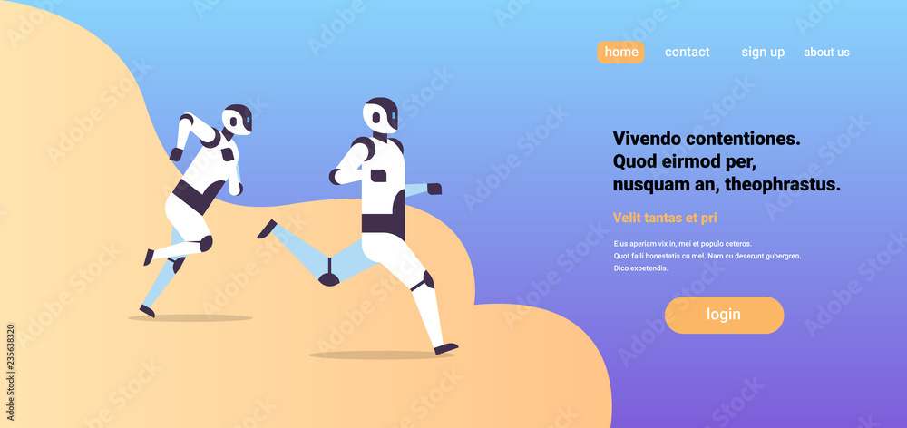 two modern robots running artificial intelligence technology competition concept flat horizontal copy space vector illustration two modern robots running artificial intelligence technology competition concept flat horizontal copy space vector illustration