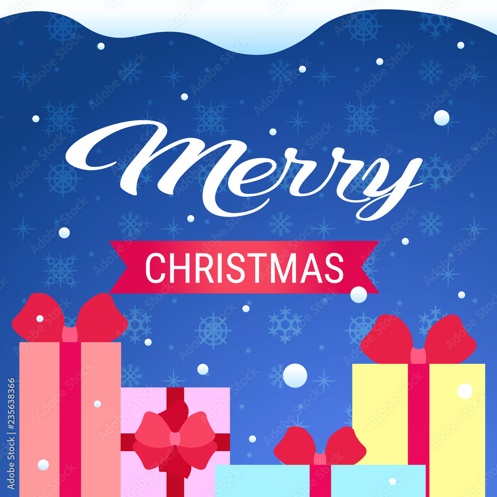 merry christmas happy new year concept gift box present decoration snowfall background greeting card vector illustration