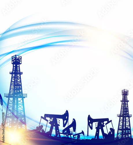 Oil field with derricks and pumpd over blue sky background. Vector illustration.