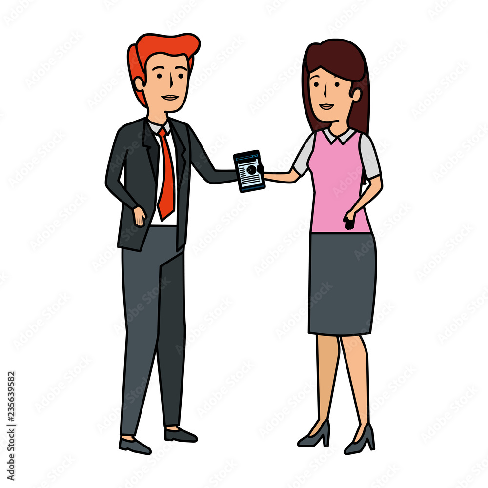 business couple with smartphone avatars characters business couple with smartphone avatars characters