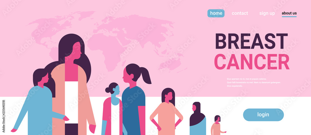 breast cancer day mix race woman group disease awareness prevention poster female cartoon character horizontal copy space flat