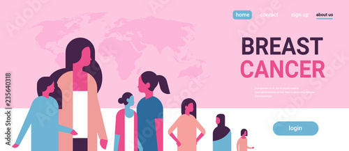breast cancer day mix race woman group disease awareness prevention poster female cartoon character horizontal copy space flat