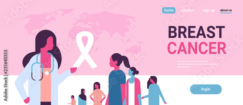 ribbon breast cancer day mix race female doctor women consultation concept disease awareness prevention poster woman cartoon character horizontal copy space flat