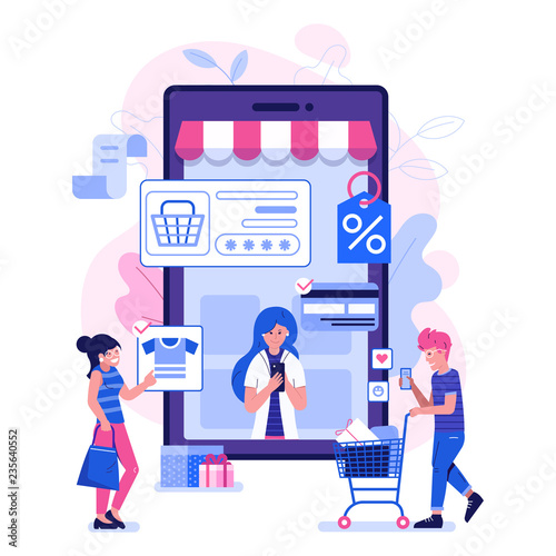 M commerce concept with people shopping on smartphone. Online mobile shopping scene with man and woman making purchases on internet. E-commerce advertising illustration.