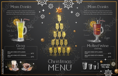 Christmas menu design with golden champagne glasses. Restaurant menu. Pyramid of champagne glasses
