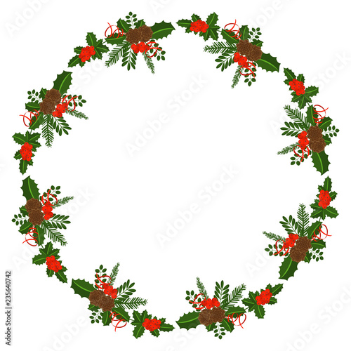 Round frame with Holly berry, pine branch and cones, snowflakes, serpentine and caramel cane. Decoration border for Christmas, New year. For greeting card, vignette, banner, email for holiday.