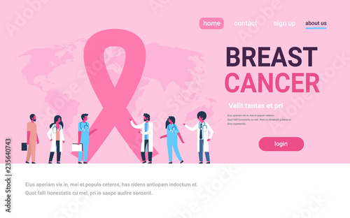 ribbon breast cancer day mix race male female doctors group forum communication concept disease awareness prevention poster woman man cartoon character horizontal copy space flat