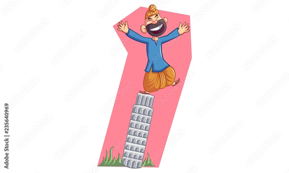 Vector cartoon illustration of Punjabi sardar on The Leaning Tower of Pisa.  Isolated on white background. Stock Vector | Adobe Stock
