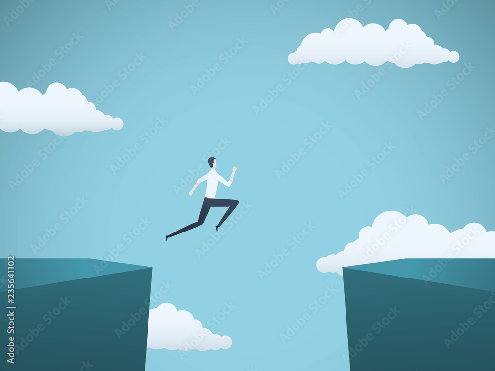 Businessman jumping over gap between cliffs vector concept. Symbol of business risk, success, motivation, ambition and challenge. Businessman jumping over gap between cliffs vector concept. Symbol of business risk, success, motivation, ambition and challenge.