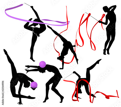 set of silhouettes girl gymnast athlete isolated on white background