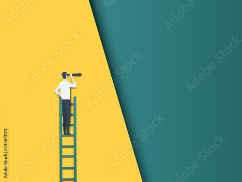 Businessman on a ladder looking through telescope vector concept. Symbol of future, career development and progress, promotion, ambition and motivation. Paper cutout style.