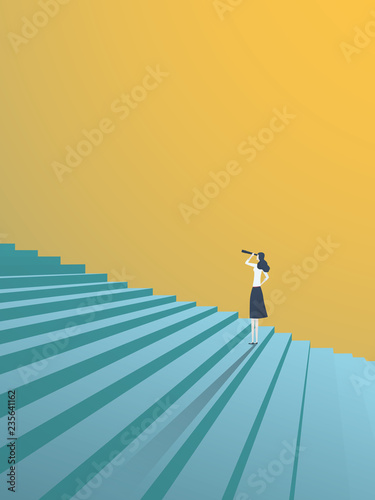 Buisnesswoman looking up career steps vector concept. Symbol of ambition, motivation, success in career, promotion.