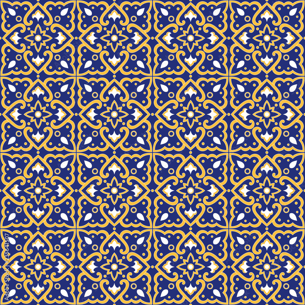 Spanish tile pattern vector seamless with retro ornaments. Portuguese azulejos, mexican talavera, italian sicily, spain barcelona majolica. Texture for ceramic kitchen wall or bathroom mosaic floor.