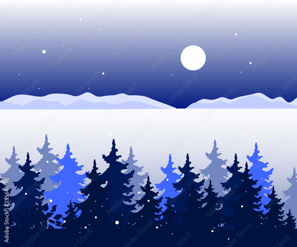Winter panoramic landscape with trees, valley and mountains hills in distance. Vector