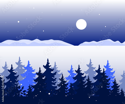 Winter panoramic landscape with trees, valley and mountains hills in distance. Vector © Toltemara