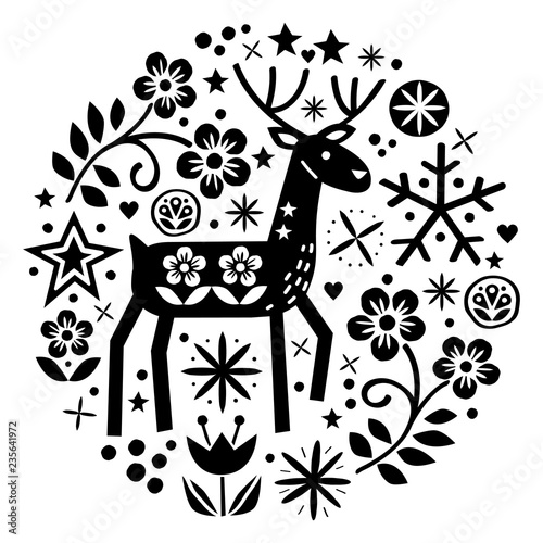 Christmas vector round design with reindeer, flowers, cute Scandinavian folk art pattern in black on white background - Merry Christmas decoration