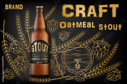 Craft oatmeal stout beer ads. Realistic malt bottle beer isolated on retro background with ingredients wheats, hops and barrel. Vector 3d illustration