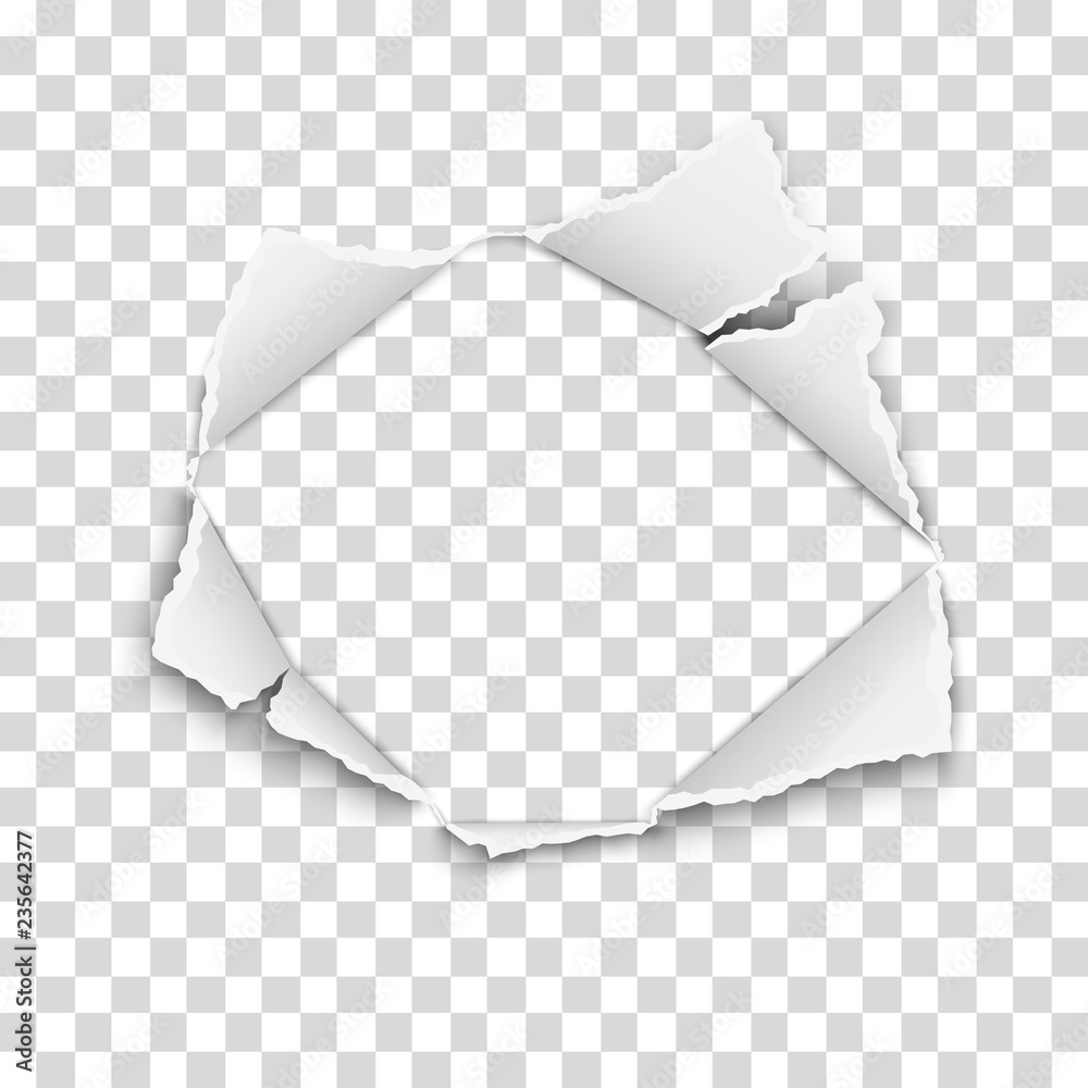 Ripped hole in transparent paper with torn edges and soft shadow. Damaged sheet. Vector paper template. - obrazy, fototapety, plakaty 