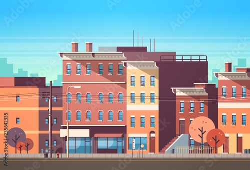 city building houses view skyline background real estate cute town concept horizontal flat vector illustration